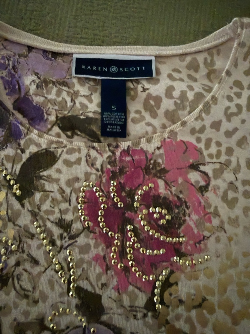 Karen Scott Cream Floral Embellished Long Sleeve Tee - Picture 2 of 2
